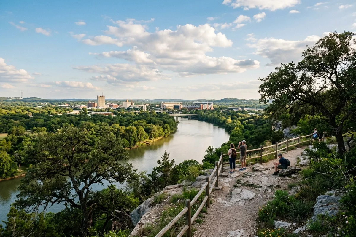 Overlook view from Cameron Park bluffs over the Brazos River in Waco Texas representing peace of mind for seniors and retirees